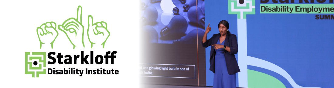 Starkloff logo with SDI fingerspelled next to image of Dr. Amie Fornah Sankoh on stage delivering the closing keynote of our 2023 Disability Employment Summit in ASL