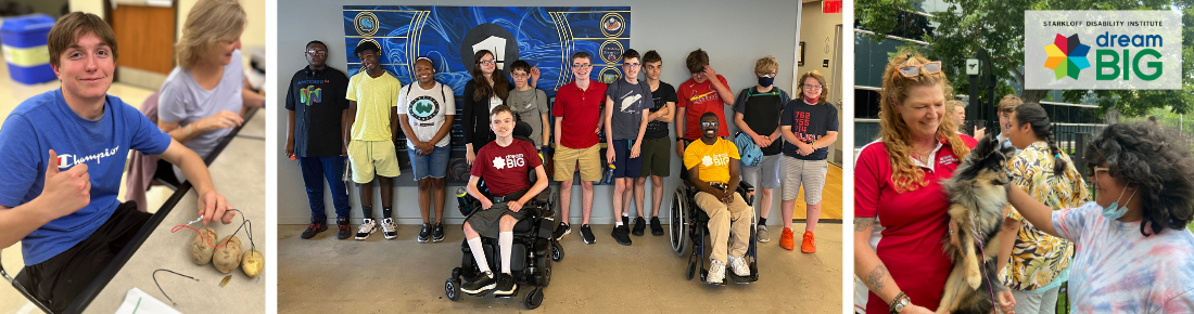 Collage of 3 photos: student giving thumbs-up with an electrical circuit he made out of potatoes, large group of students smiling at Riot Games office, student petting a dog held by a Purina employee.