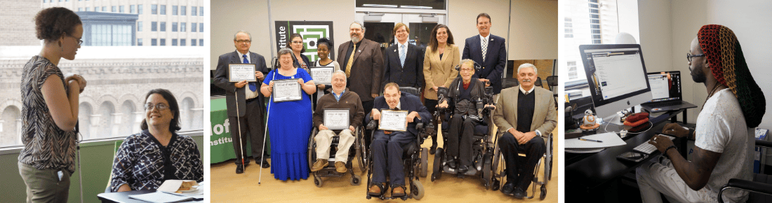Collage of 3 photos: 2 professionals in conversation, a Career Academy cohort graduation, and a professional working from home on multiple computer screens. Some people are using mobility aids.