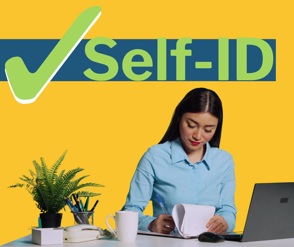 Self-ID checkmark with photo of professionals doing paperwork at desk
