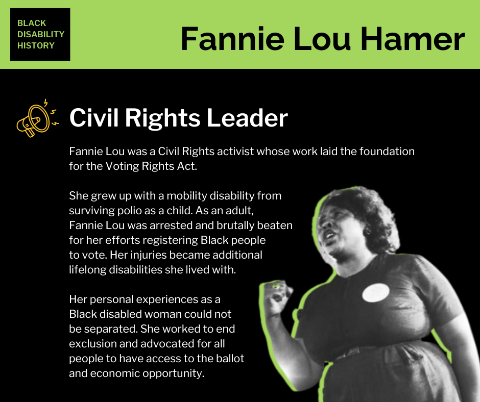 Fannie Lou Hamer Fannie Lou Hamer. Civil Rights Leader. Fannie Lou was a Civil Rights activist whose work laid the foundation for the Voting Rights Act. She grew up with a mobility disability from surviving polio as a child. As an adult, Fannie Lou was arrested and brutally beaten for her efforts registering Black people to vote. Her injuries became additional lifelong disabilities she lived with. Her personal experiences as a Black disabled woman could not be separated. She worked to end exclusion and advocated for all people to have access to the ballot and economic opportunity.
