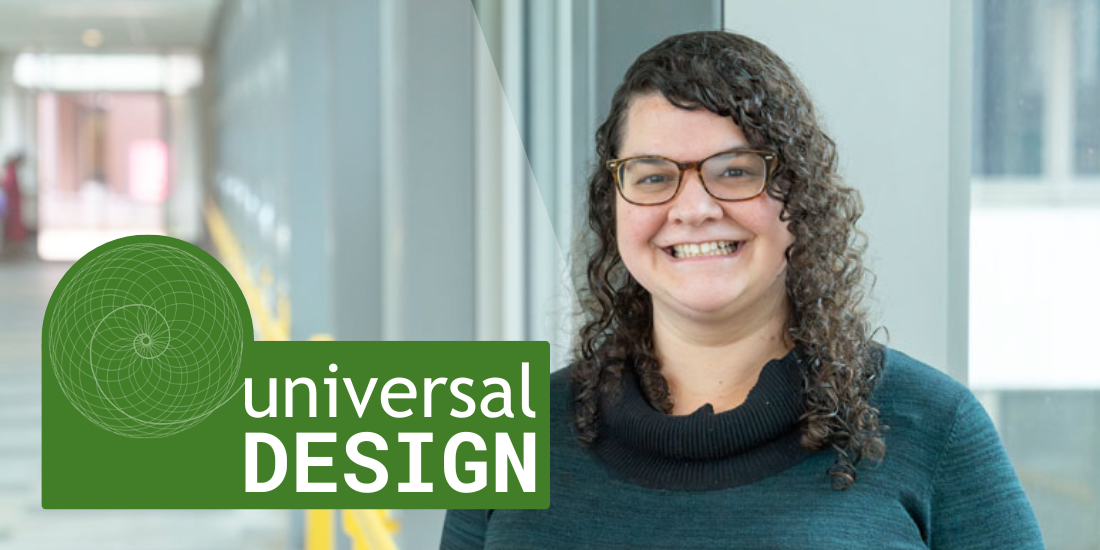 Universal Design logo featuring an almost golden ratio spiral with vectors of arcs originating in the center, creating a mosaic-like circle. A photo of Rachel smiling is behind it. She is a white woman with dark curly hair and glasses.