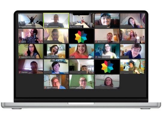 Laptop with group Zoom call showing Campers, corporate partners, and Camp staff.