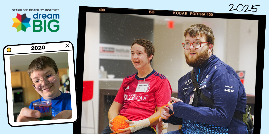 2020: Damian shows his results of the liquid density experiment Bayer led during virtual Camp. 2025: Damian and having fun with fellow Campers at the Purina Institute.