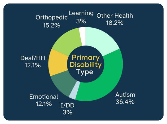 Primary disability type pie chart. 36.4% Autism. 18.2% other health-related. 15.2% orthopedic. 12.1% Deaf and Hard of Hearing. 12.1% emotional. 3% learning. 3% I/DD [intellectual and developmental].