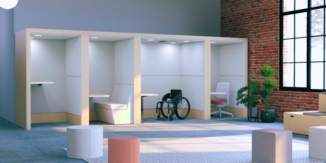 UD Workplace Challenge 2025 Post Header (1) Office cubicles with different desk heights for standing, fixed seating, wheelchair, and office chair.